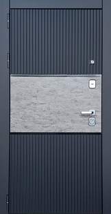 Входная дверь с комбинированной отделкой из синих панелей МДФ + вставка ПВХ